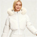 Women's Cropped Quilted Bomber Jacket with Faux Fur Hood