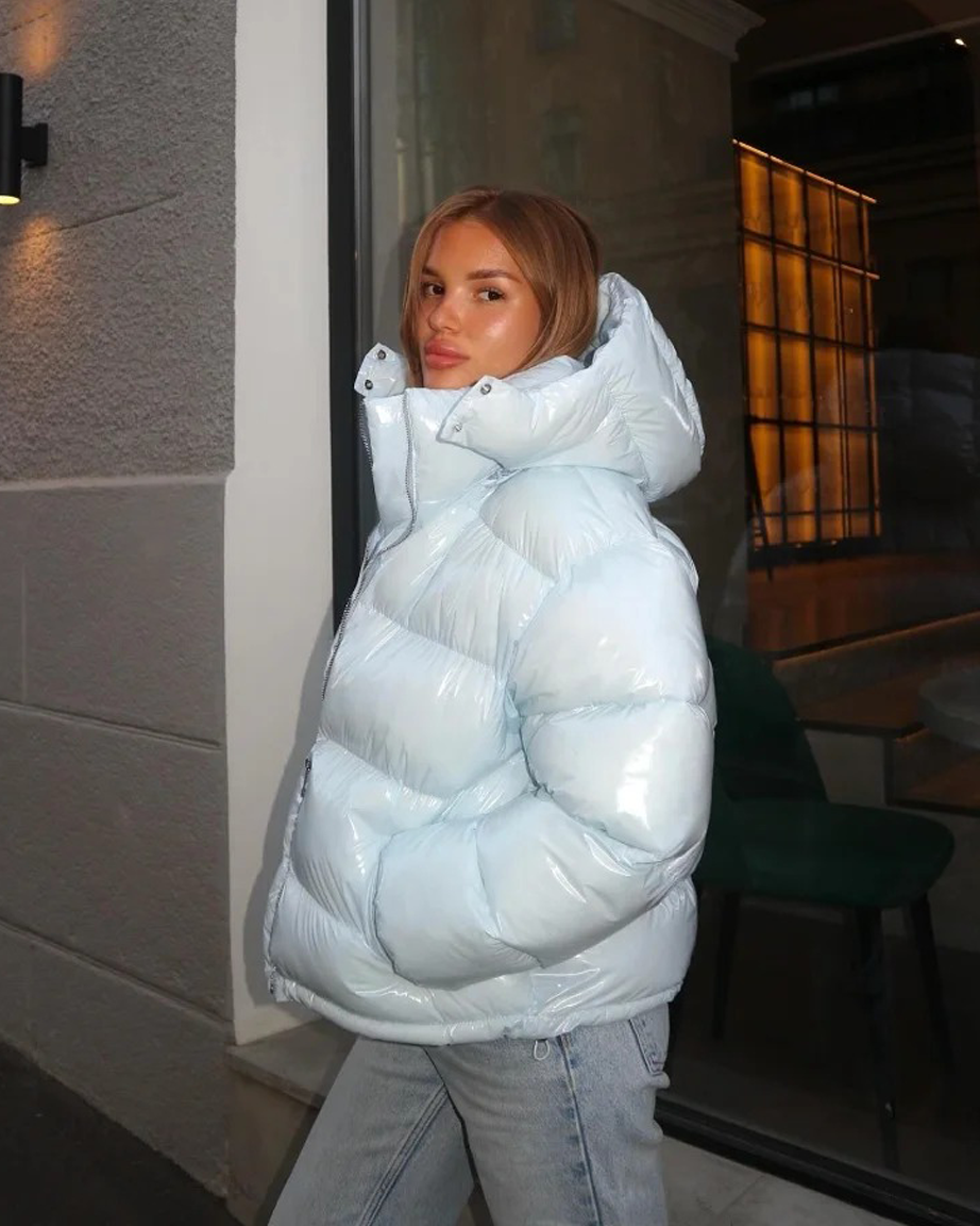 Women's Shiny Hooded Puffer Jacket with Cinched Waist