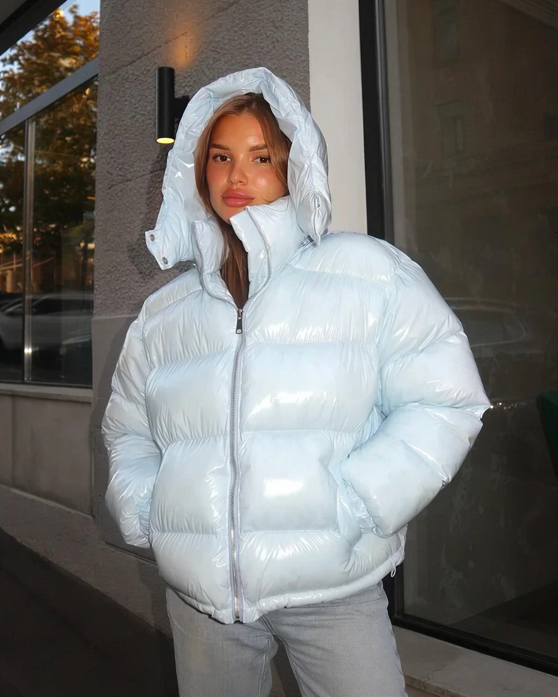 Women's Shiny Hooded Puffer Jacket with Cinched Waist